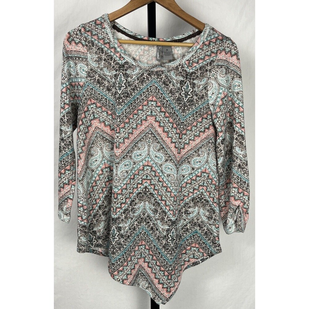 New Directions Weekend Boho Top Medium Asymmetrical Earthy Paisley Free Spirit